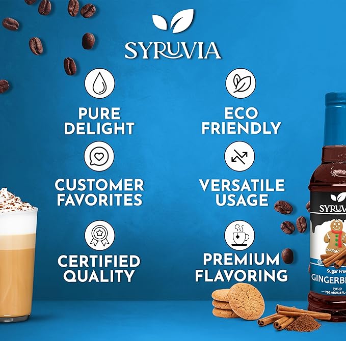 Syruvia Sugar Free Gingerbread Syrup for Coffee, Flavored Syrup for Drinks, Lattes, and Desserts – 25.4 fl oz, With Pump