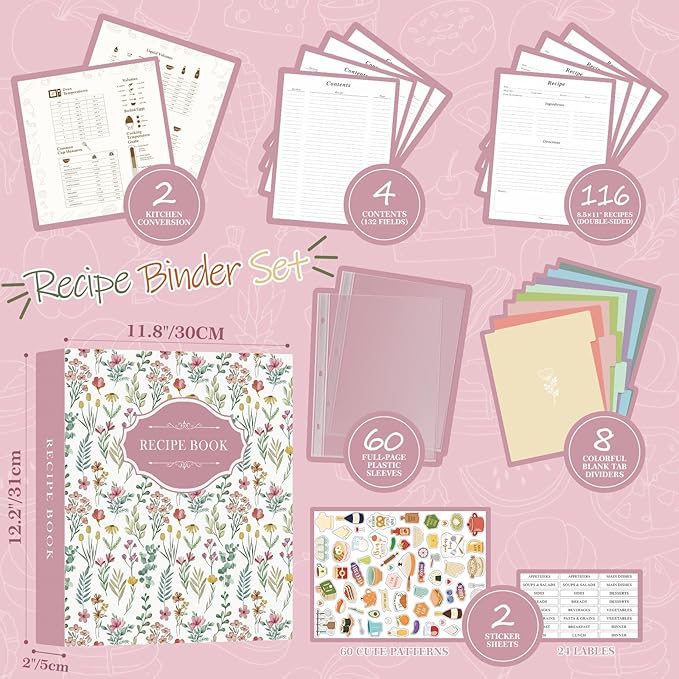 Lanpn Recipe Binder 8.5x11 3 Ring Kit, Blank Organizer Recipe Binder Waterproof Cookbook to Write in Your Own Recipes with 60 Plastic Sleeves,116 Recipes, Dividers,Labels & Stickers, Pink