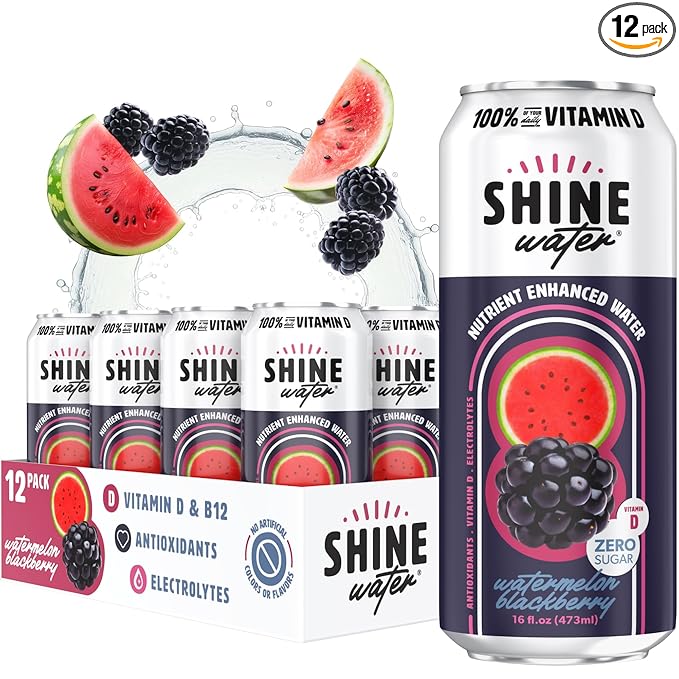 ShineWater Watermelon Blackberry Vitamin D Electrolyte Drink | Zero Sugar Hydration Beverage with Magnesium, Zinc & Antioxidants | Low Calorie Plant-Based Vitamin Water | 12 Pack