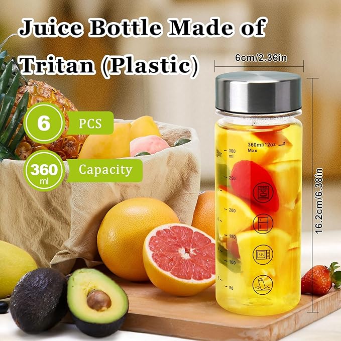 6 Pack Juice Bottles with Caps - Wide Mouth Resuable Clear Plastic Water Bottles for Juicing,Smoothie,Protein, Beverage,Storage Containers,BPA Free,Leakproof Stainless Steel Lid(12 Ounces)