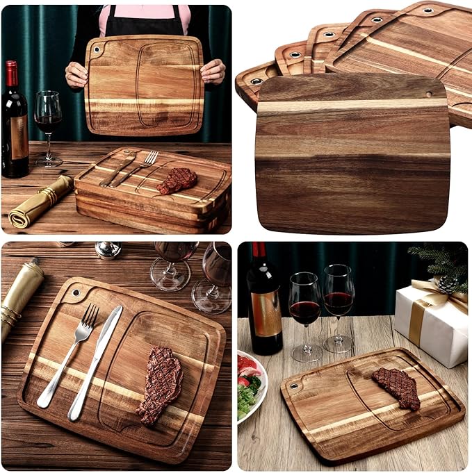 Uiifan 6 Pcs Steak Plates with Juice Channel Wooden Steak Board Set Acacia Cutting Serving Board for Home Serving Eating Meat Dishes Snack Dessert, 13 x 11 x 0.6 Inch
