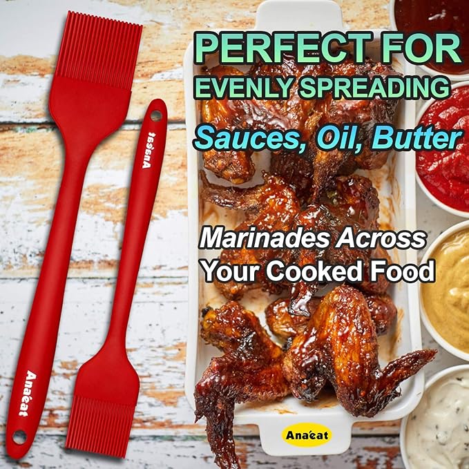 Anaeat High Heat Resistant Silicone Basting Pastry Brush Set of 2- Hygienic One-Pieces Design Spread Oil Butter for BBQ Grill Barbecue Baking Kitchen Cooking - BPA Free & Dishwasher Safe (10"+8.2")