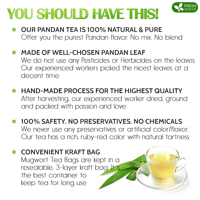FreshDrinkUS, Premium 30 Pandan Leaf Tea Bags, 100% Natural & Pure from Pandan Leaves. Loose Leaf Pandan Herbal Tea. Made with Natural Material Tea Bags. No Sugar, No Caffeine, No Gluten, Vegan. (30 Tea bags)