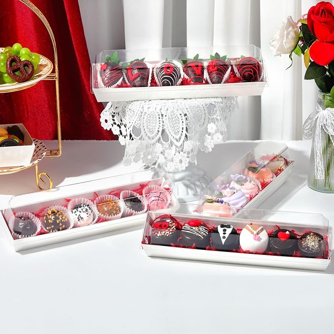 50 Pack 12 x 2.8 x 2.4 Inches Chocolate Covered Strawberries Boxes Macaron Boxes with Clear Lids 12 Inches Long Bakery boxes with Window for Chocolate truffle Cocoa Bombs,Cookies