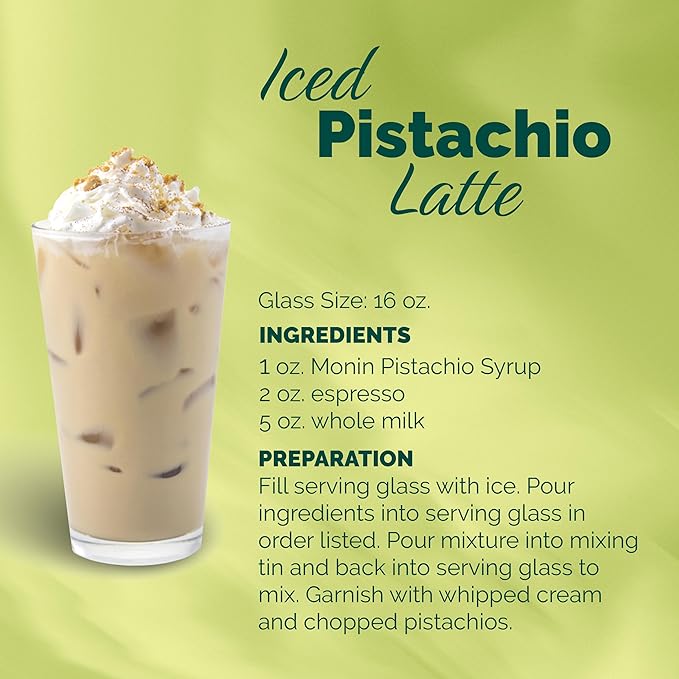Monin - Pistachio Syrup, Rich and Roasted Pistachio Flavor, Great for Lattes, Mochas, and Dessert Cocktails, Non-GMO, Gluten-Free (1 Liter)