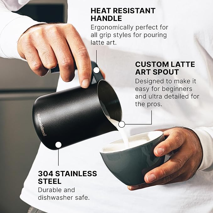 Subminimal FlowTip Milk Jug | Stovetop Milk Frothing, Foaming Pitcher for Premium Barista-Style Coffee at Home | Cappuccino & Latte Art Pouring Jug with Ergonomic Heat Resistant Handle | 450ml, Black