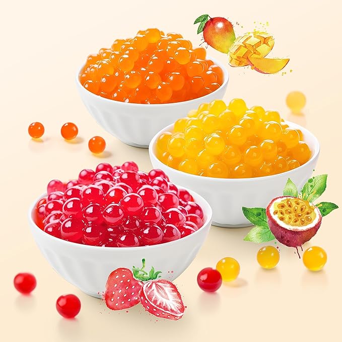 J WAY Bursting Popping Boba Bubble Pearl Variety Set with 3 Flavors Strawberry, Mango, Passion Fruit - Gift Box (3.3 lbs)