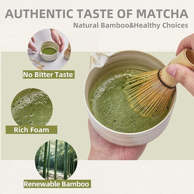Matcha Whisk Set, Ceramic Matcha Set with Bowl, Matcha Whisk and Holder, Sifter, Bamboo Spoon, Scoop, 6Pcs Ceremony Matcha Kit for Tea Lovers Making Breakfast/Latte