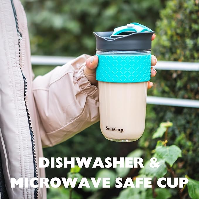 Large Travel Mug Loose Tea Infuser - Detachable Tea Strainer with Spill Proof Lid - 18oz/530ml BPA-Free Reusable Glass Travel Coffee Cup with Silicone Band (Grey and Blue)