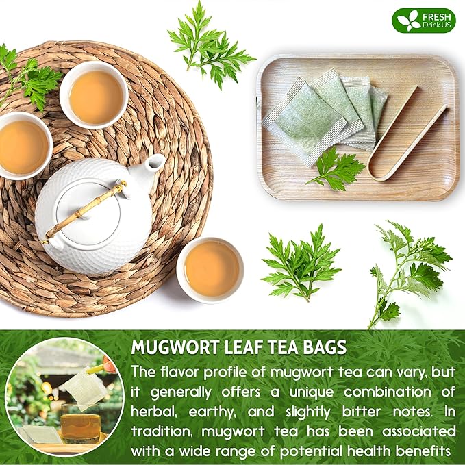 FreshDrinkUS, Premium 25 Mugwort Leaf Tea Bags, 100% Natural and Pure Mugwort Leaves. Loose Leaf Herbal Tea. No Sugar, No Caffeine, No Gluten, Vegan. (25 Tea Bags)