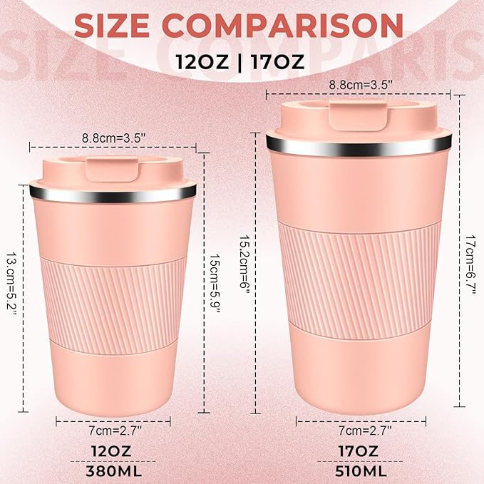 Insulated Coffee Tumbler 12 oz, Stainless Steel Coffee Mug with Lids, Travel Coffee Mug Leak Proof, Double Wall Vacuum Insulated Reusable Coffee Cup, Keep Drinks Hot and Cold (Peach Pink, 12 Ounces)