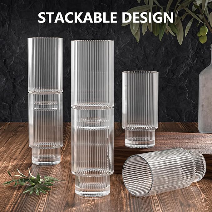 Glass Cups, 16OZ Vintage Glass Coffee Cups with Lids and Straws 8 Set, Vintage Glassware for Whiskey Cocktail Beer, Iced Coffee Cups with Lid, Glass Tumbler with Straw and Lid