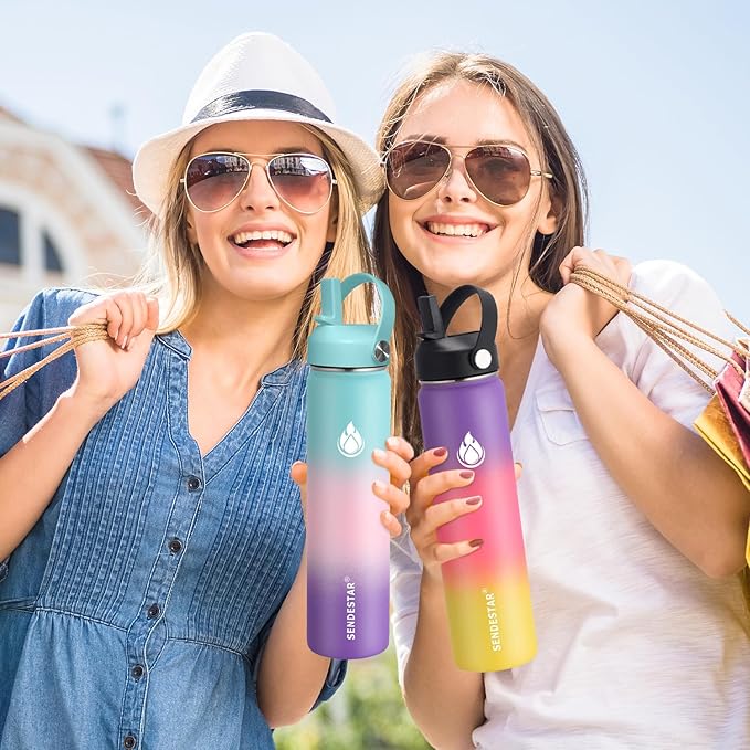 SENDESTAR Water Bottle 24oz Double Wall Vacuum Insulated Leak Proof Stainless Steel Sports Water Bottle—Wide Mouth with New Flex Straw Lid & Spout Lid (Havana)