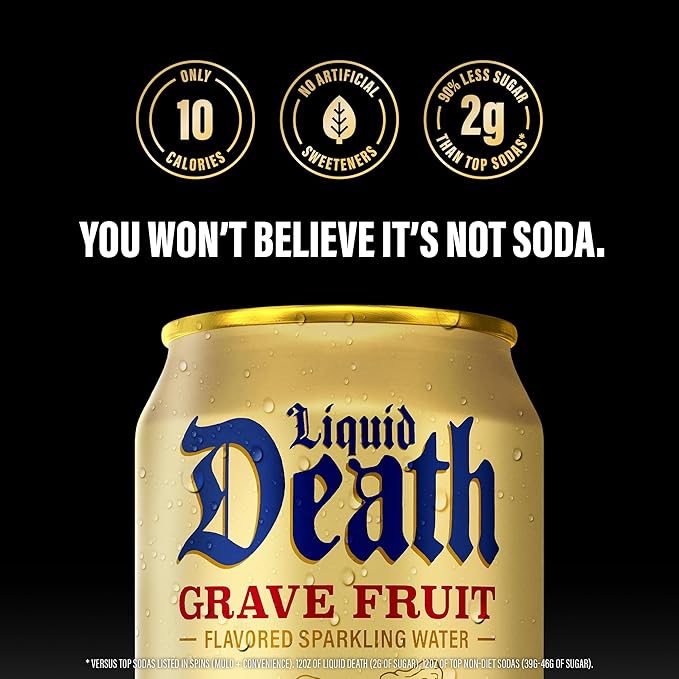 Liquid Death, Grave Fruit, Grapefruit-Flavored Sparkling Water, 12-Pack (12oz Cans), Low Sugar, Huge Flavor & No Artificial Sweeteners