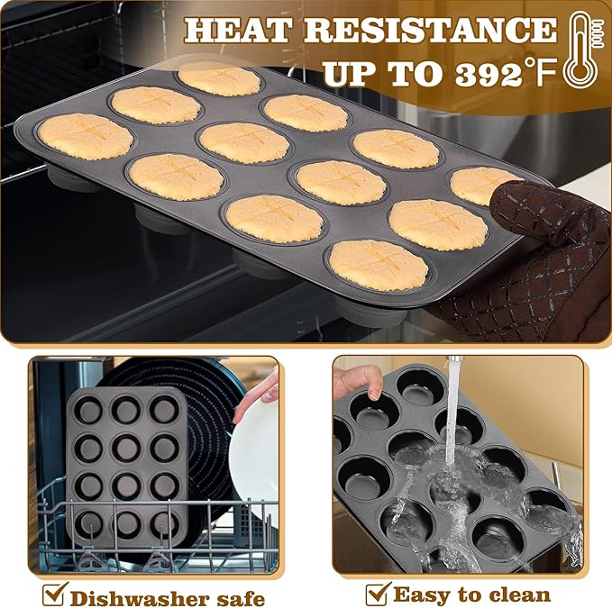BEWOS 2 PCS Non-Stick 12 Cup Muffin Pan, Carbon Steel Mini Muffin Pan with 24 Reusable Silicone Silicone Molds, Dishwasher Safe & Easy Clean Muffin Tin, Baking Moulds for Muffins or Cupcake（Grey）