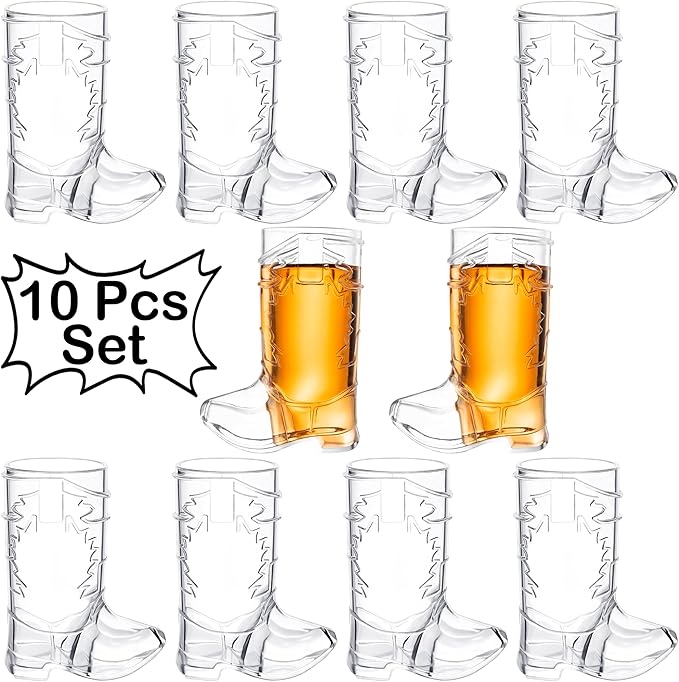 2 Ounce Cowboy Boot Shot Glasses | 10pcs Pack Double Ounce Plastic Shot Glass | Western Boot Shot Glasses for Parties | Bachelor Bachelorette Cowboy Parties | 4th of July Shot Glasses