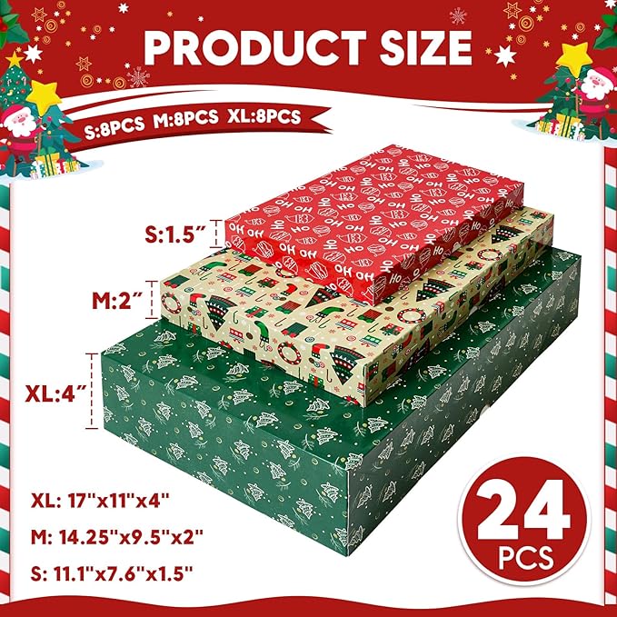 YANGTE 24 Pack Large Christmas Boxes for Presents, Assorted Sizes Christmas Gift Boxes with lids, 17" Premium Clothing Boxes with 4-inch Deep Robe and Shirt