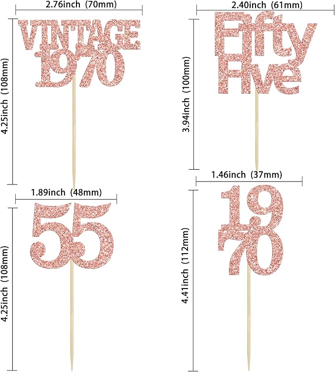 Gyufise 24Pcs 55th Birthday Cupcake Toppers Glitter Cheers to 55 Fabulous Fifty Five Vintage 1970 Cupcake Picks 55th Birthday Wedding Anniversary Party Cake Decorations Supplies Rose Gold