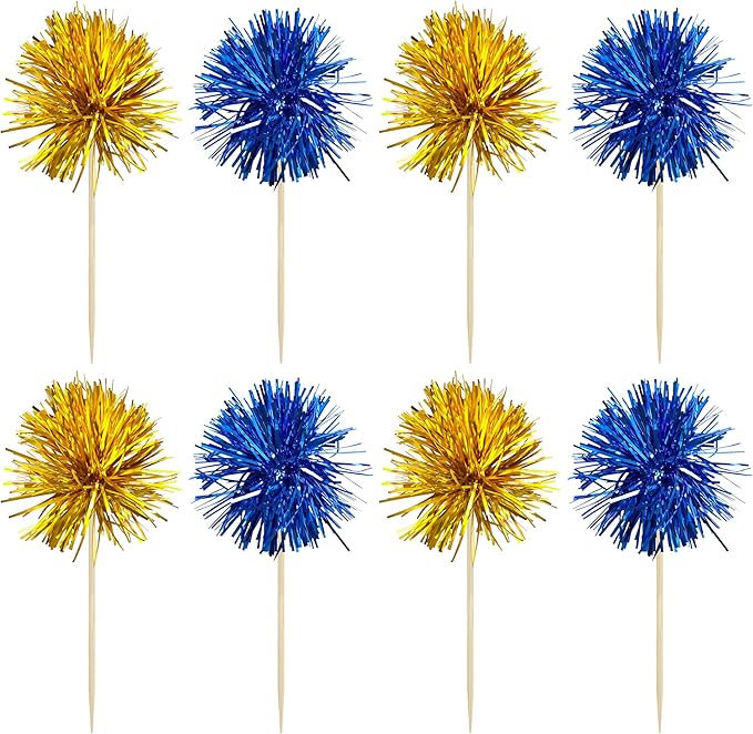 Gyufise 30Pcs Foil Firework Cupcake Toppers Sparkle Tinsel Cake Toppers Tinsel Drink Cake Decoration Cocktail Picks for Birthday Wedding Graduation Party Supplies Gold Dark Blue