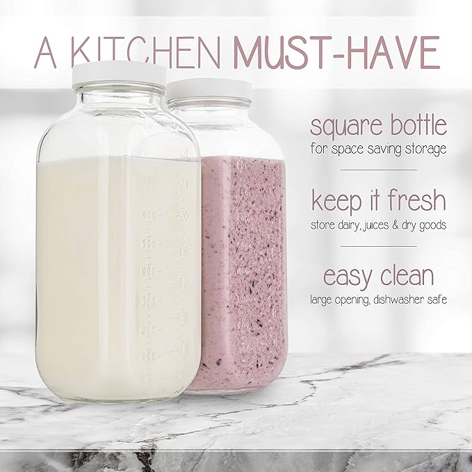 kitchentoolz 32oz Square Glass Milk Bottle with Plastic Airtight Lids Vintage Reusable Quart Sized Dairy Drinking Containers for Milk, Yogurt, Smoothies, Kefir, Kombucha, and Water- Pack of 2