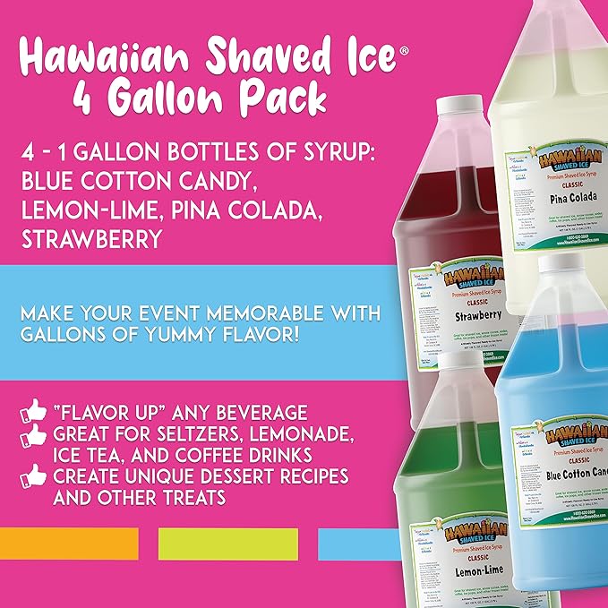 Hawaiian Shaved Ice Syrup Gallon 4-pack, Blue Cotton Candy, Strawberry, Pina Colada, Lemon-Lime, for Slushies, Italian Soda, Seltzers, Popsicles, & More, No Refrigeration Needed, Allergy-friendly