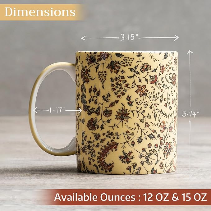 Maison d' Hermine Coffee Mug with Handles Fine Bone China Mugs Pack of One Tea Cups for Hot Beverages Cappuccino Latte Home Restaurant Office Perfect for Gift (Lakshmi - Daya, 12 Ounce)