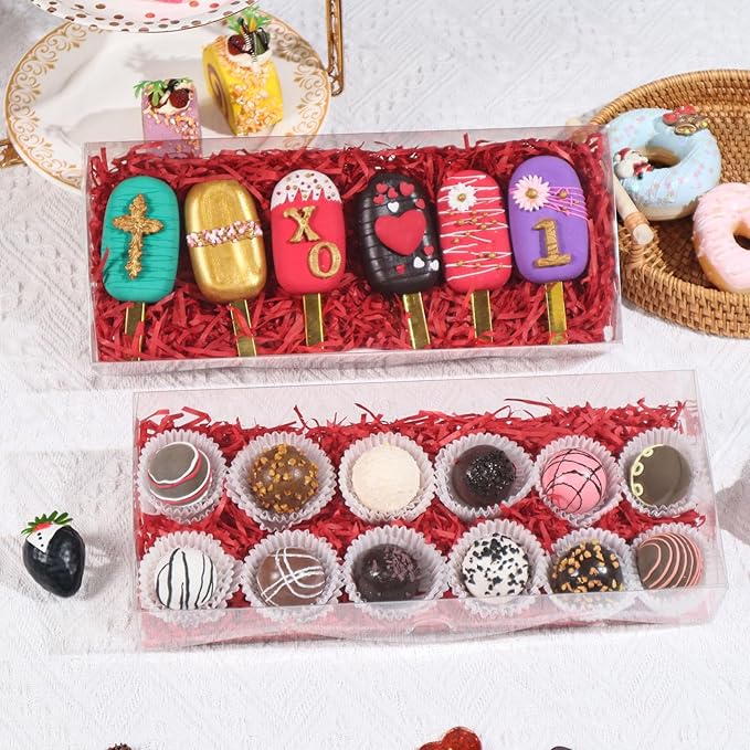 RomanticBaking 5Pcs 12x5x2Inches Clear Easter Cookies Boxes Plastic Chocolate Covered Strawberries Boxes for 12 Chocoalte Truffle Box Bakery Box Cakesickle Gift Treat Pack for Christmas Valentine's