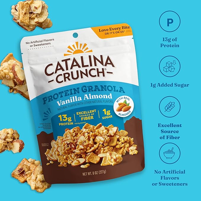 Catalina Crunch Protein Granola - Low Sugar Breakfast Cereal with 13g of Protein - Gluten Free, Keto Friendly - Vanilla Almond - 8 oz. Bag (Pack of 3)