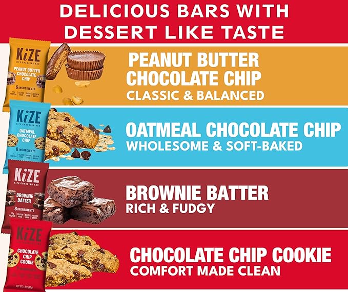 KiZE Energy Bars - Variety Pack - Gluten Free, Dairy Free Options, Non-GMO, and High Protein Meal Replacement Energy Bars, Clean and Simple Food Ingredients - 7-10g High Protein Snacks, (10 Count)