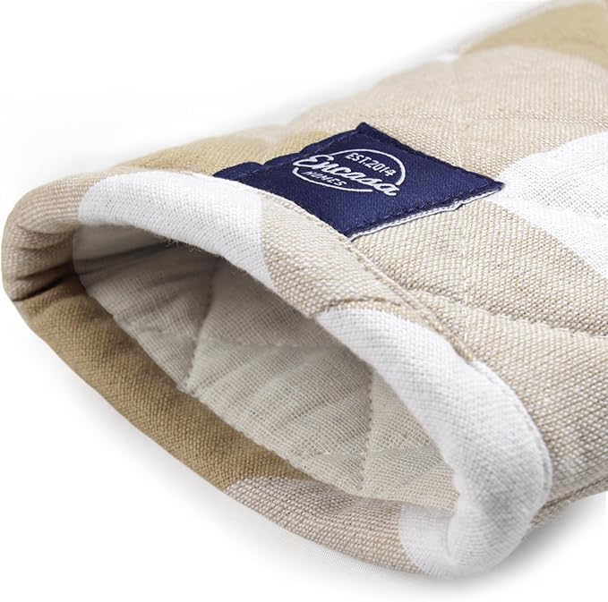 Encasa XO Long 12"x7" Oven Microwave Hand Gloves Mitts (2 pc Set) for Kitchen Cooking & Baking - Heat Resistant, Thick & Safe, Protection of Hands from Hot Utensils - Buffalo Beige Checks