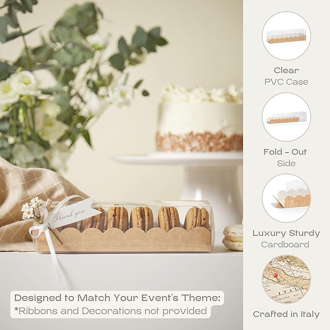 Pack of 25 Macaron Boxes with Clear Window (For 7) - Ideal for Gift Packaging or Strawberry - 7.48 x 1.96 x 1.96 Inch Natural Brown