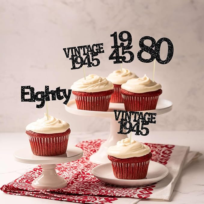 Gyufise 24Pcs Vintage 1945 Cupcake Toppers Glitter Cheers to 80 Fabulous Eighty Cupcake Picks 80th Birthday Wedding Anniversary Party Cake Decorations Supplies Black