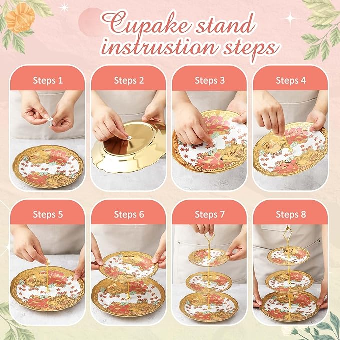Maxcheck 21 Pcs Tea Party Set for Adults European Floral Tea Set with Metal Holder and 3 Tier Ceramic Cake Stand Porcelain Flower Cup Teapot for Dessert Cupcake(Elegant Style)