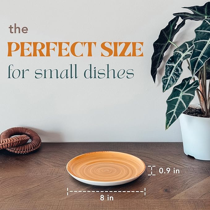 Mora Ceramic Helix Swirl Salad Plates Set of 6, 8in Spiral Porcelain Dish for Kitchen, Small Dinner, Lunch, Appetizer, Dessert, etc - Dishwasher, Microwave, Freezer, Oven Safe Dishware - Earth Colors