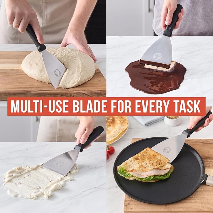 Chef Pomodoro Pizza Dough Scraper Tool 4" (10 cm), Bench Scraper with Handle, Stainless Steel Bench Knife and Metal Chopper for Kitchen, Bread Spatula, Pastry Tool for Food and Baking