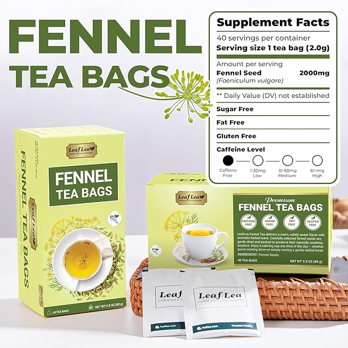 LeafLea 80 Premium Fennel Tea Bags, Pure Dried Fennel Seed Tea, Daily Ease & Balance, Naturally Sweet Taste, Caffeine-Free, Sugar-Free, Non-GMO, Vegan, Individually Wrapped