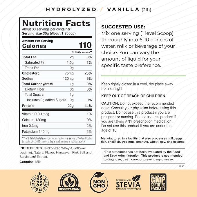 Muscle Feast Hydrolyzed Whey Protein Powder, Grass Fed and All Natural Hormone-Free, Hydro Whey Powder for Men and Women, Gluten Free, Non-GMO, Delicious Hydrolyzed Protein Powder, Vanilla, 2lb