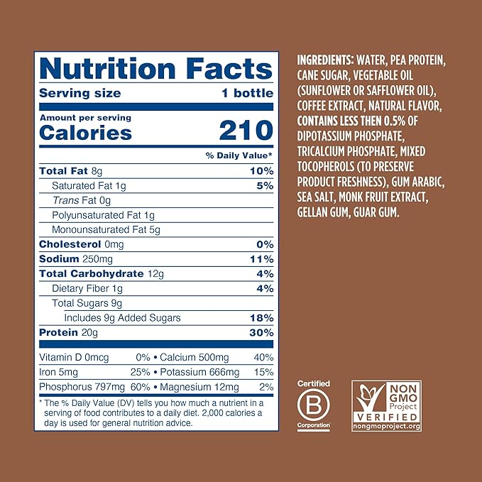 Ripple Coffee Plant Based Protein Shake | 20g of Quality Sourced Pea Protein, 100mg Caffeine, Calcium | Shelf Stable | Vegan & Non GMO | Dairy, Soy, Nut, & Gluten Free | 12 Fl Oz Bottles (Pack of 12)