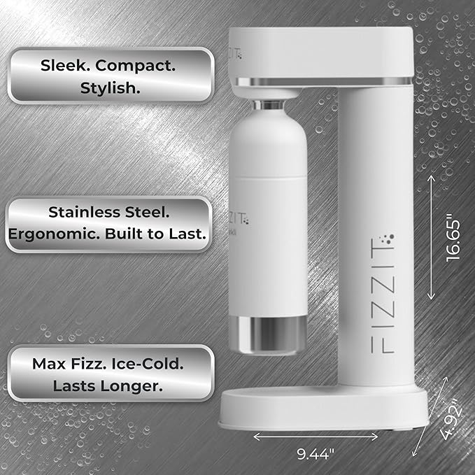 White Stainless Steel Sparkling Water Maker with 2 CO2 Cylinders & 1L Reusable Stainless Steel Bottle For Soda Makers