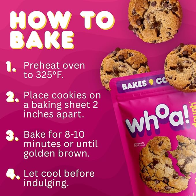 Whoa Dough Ready to Bake Cookie Dough Chocolate Chip – Certified Non-GMO, Kosher, Gluten Free – Plant-Based Snack Dough Made with Real Ingredients – 24 Pack