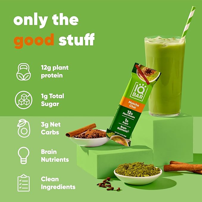 IQBAR Brain and Body Plant Protein Bars - Matcha Chai - 36-Count - Keto, Vegan, Low Carb, High Fiber, Gluten Free, Dairy Free, Low Sugar Snack with Nutrients for Focus, Energy, Meal Replacement