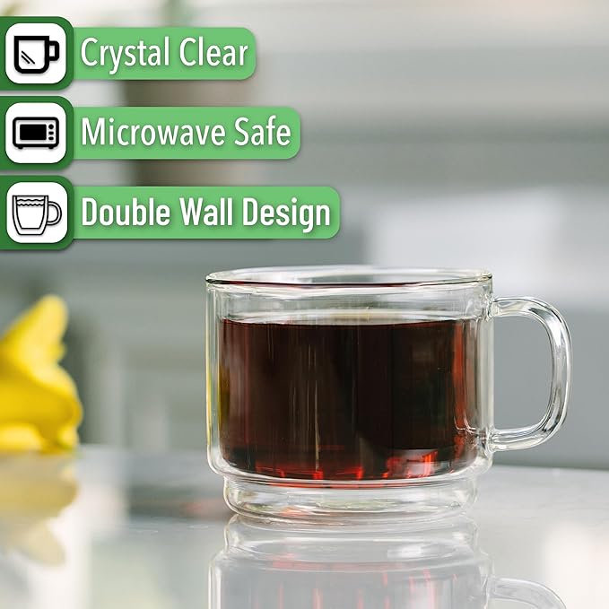 BTaT- Stackable Insulated Coffee Mug, Coffee Glass, Large, Set of 4 (16oz, 500ml), Double Wall Glass Coffee Cups, Tea Cups, Latte Cups, Glass Coffee Mug, Latte Mug, Clear Mug