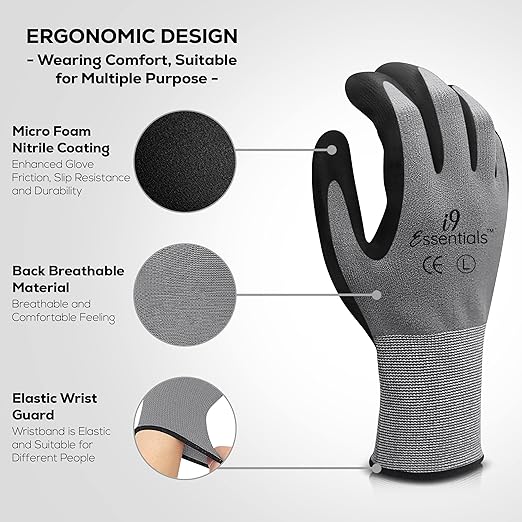 I9 Essentials Safety Work Gloves – 12 Pairs MicroFoam Nitrile Coated, Seamless Nylon Knit Grip Gloves for Construction, Home Improvement, Gardening, Mechanics, Automotive – Large, Breathable
