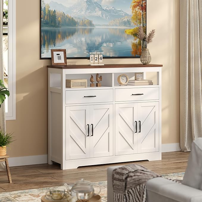Buffet Sideboard with Storage Farmhouse with 4 Doors, 47'' Large Kitchen Storage Cabinet Wood Coffee Bar Cabinet Buffet Table with Shelves for Kitchen, Dining Room, Entryway