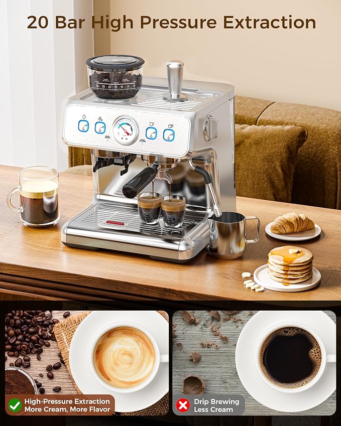 (2025 Upgrade)20 Bar Espresso Machine with Grinder & Milk Frother Steam Wand, Tamping Tools, Expresso Coffee Machines 58mm Commercial Espresso Maker for Home or Café, Perfect for latte, Cappuccino