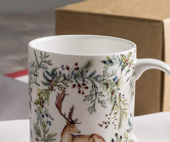 Maison d' Hermine Coffee Mug with Handles Fine Bone China Mugs Pack of One Tea Cups for Hot Beverages Cappuccino Latte Home Restaurant Office Perfect for Gift (Holly Time - Cerf, 15 Ounce)
