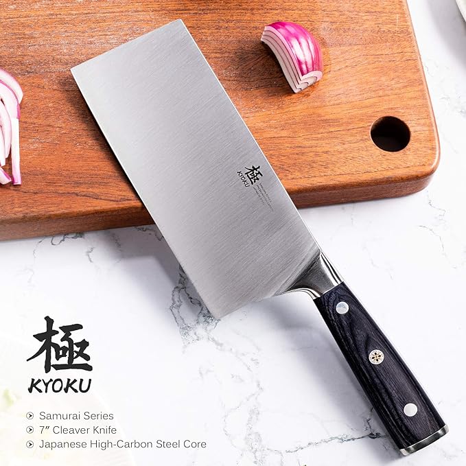 KYOKU Samurai Series - 7" Cleaver Knife - Full Tang - Japanese High Carbon Steel Kitchen Knives - Pakkawood Handle with Mosaic Pin - with Sheath & Case