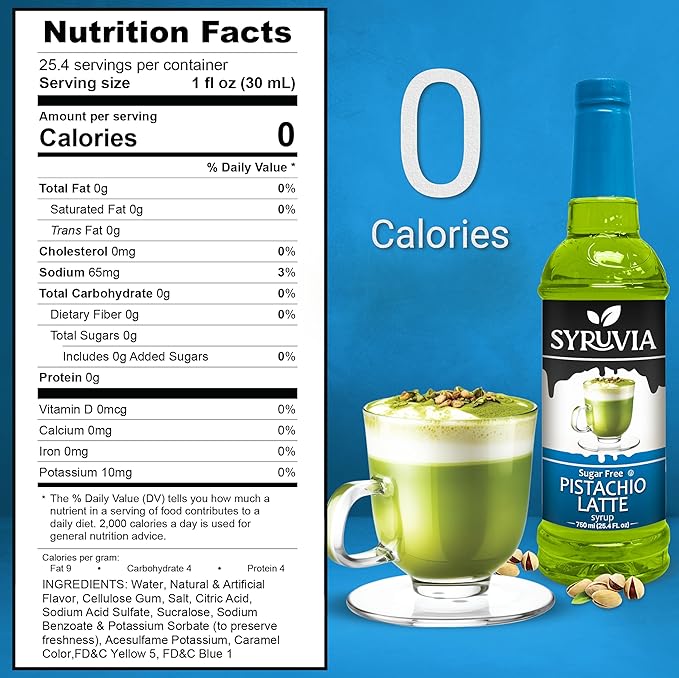 Syruvia Sugar Free Coffee Syrup, Pistachio Latte Flavored Syrup for Drinks, Lattes, and Desserts – 25.4 fl oz