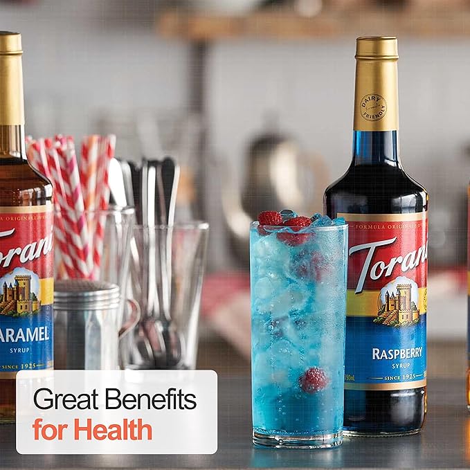 Jimoco Syrup Pump & Torani Syrup Bundle - Fruit Bowl Syrup 6 Pack Summer Flavors, Raspberry, Strawberry, Blackberry, Cherry, Orange and Peach - For Italian Soda Coffee, Lattes, Frappes With 6 Pump Dispensers