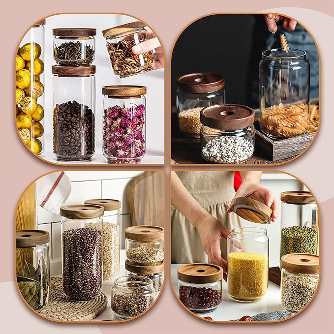 480ML/16Oz Clear Cute Glass Storage Canister Holder with Stackable Airtight Wood Lid, Modern Decorative Small Container Jar for Coffee, Spice, Candy, Salt, Cookie, Condiment, Pepper, Sugar